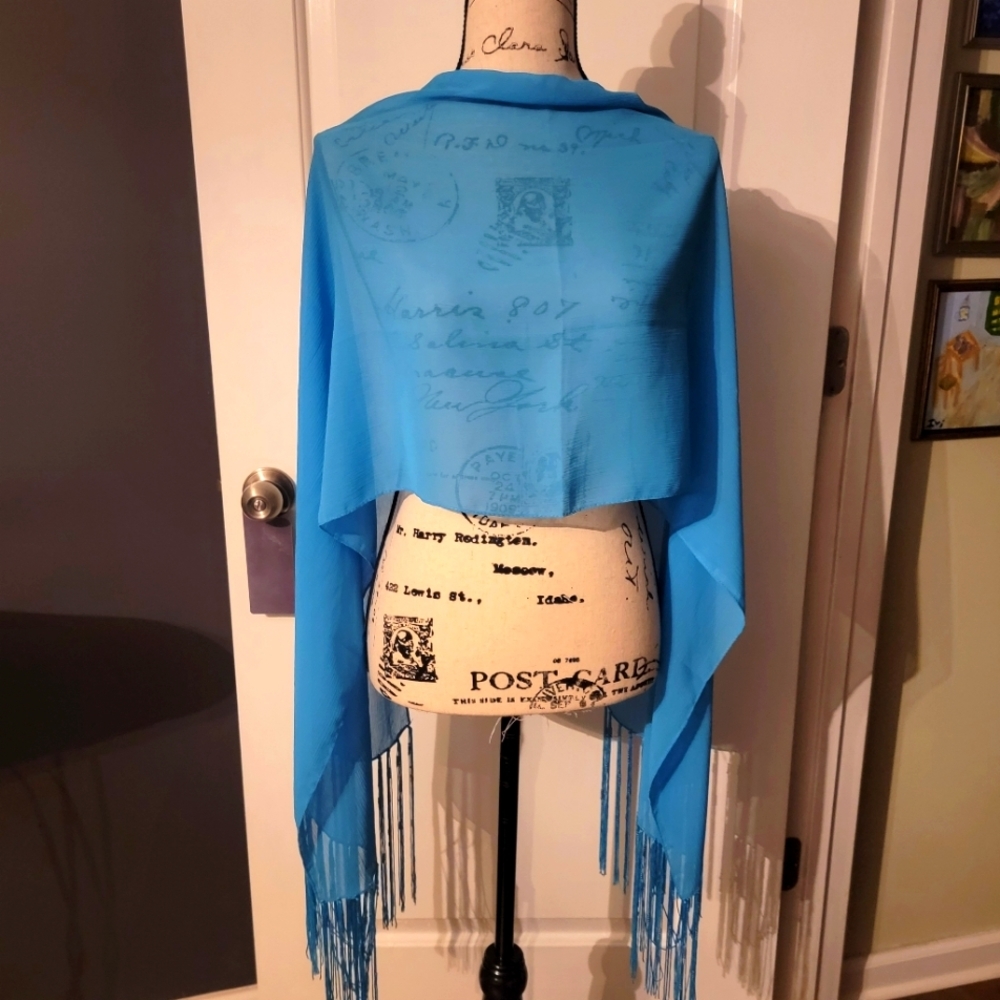 Sky-blue Fringed Wrap Shawl - Picture 2 of 9